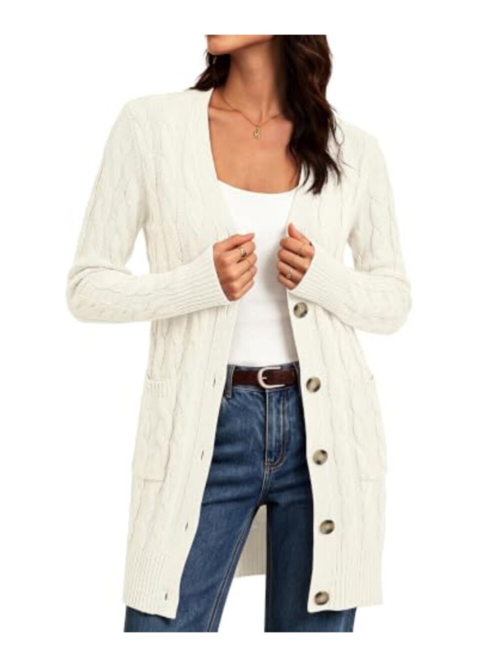 Cable Knit Chunky Cardigan Button Front Long Sleeve Pockets